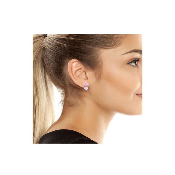 New in Box BETSEY JOHNSON Cupcakes Stud Earrings Pink White Rhinestones Dessert - Picture 4 of 12